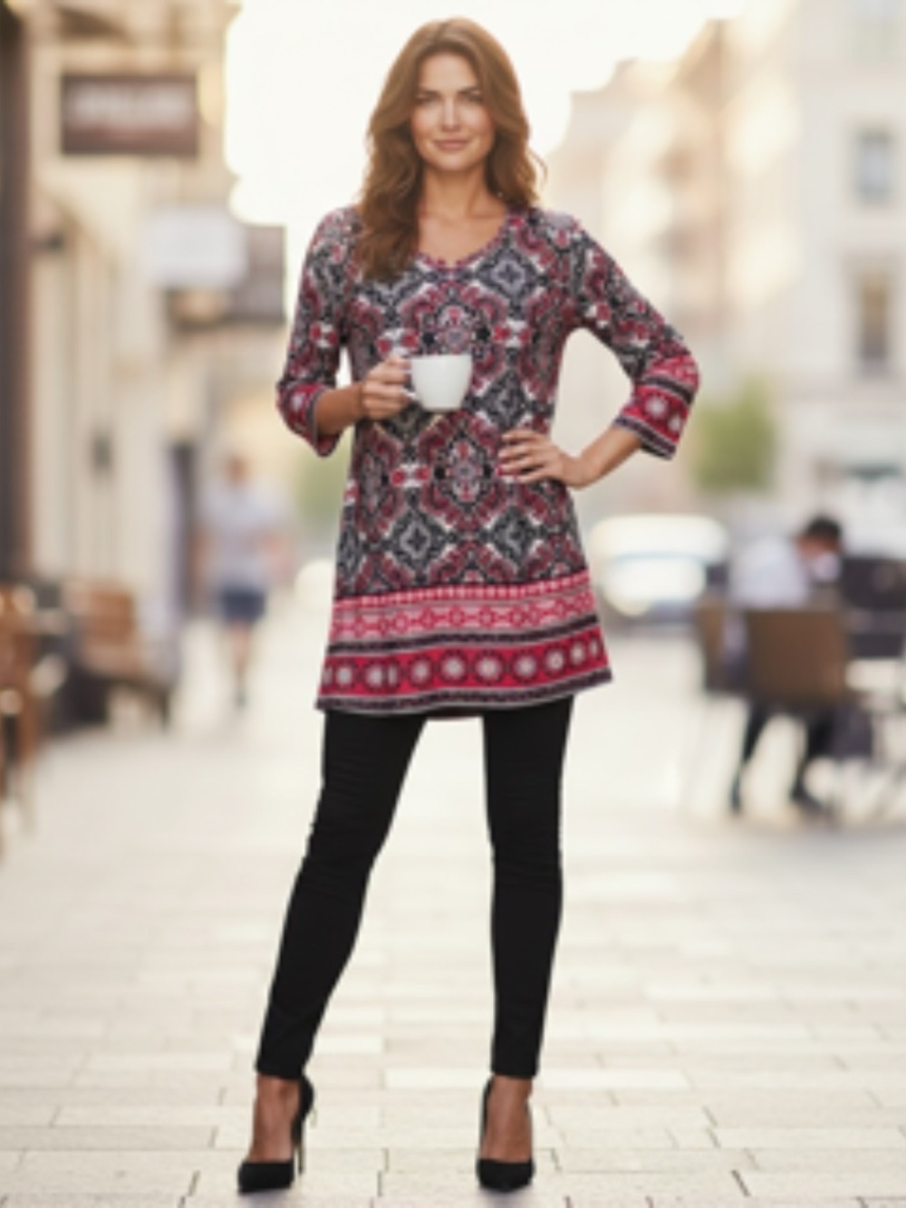 Star Vixen 3/4 Sleeve Medallion Print Round Neck Tunic Top Size L